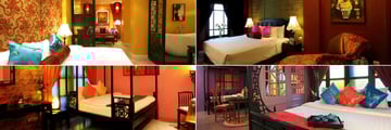 Shanghai Mansion Bangkok, (clockwise from top left): Mu Dan Suite, Ying Hua Deluxe Room, Family Suite and Mei Hua Superior Room