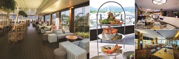 Shangri-La Hotel The Marina, Cairns, (clockwise from left): North Bar & Kitchen, Seafood Tower, North Bar & Kitchen and Horizon Club Lounge