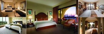 Shangri-La Qaryat al Beri, (clockwise from top left): Shangri-la Residences Bedroom, Premier Room, Horizon Club Deluxe Room, Deluxe King Room and Shangri-la Residences Twin Room