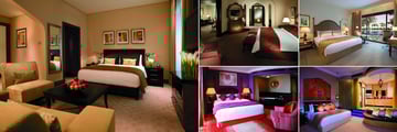 Shangri-La Qaryat al Beri, (clockwise from left): Studio Apartment, Executive Suite, Executive Garden Room, Al Khazna Villa Bedroom and Al Khazna Villa Guestroom