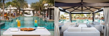 Dining al fresco and open-air lounging at Sharq Village & Spa, a Ritz Carlton Hotel