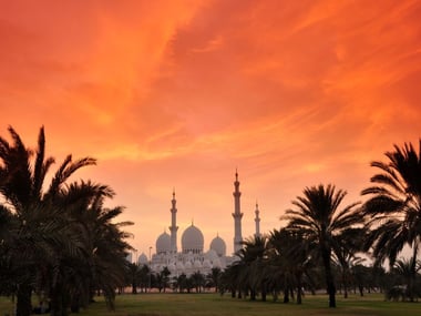 View of Sheikh Zayed mosque at sunset