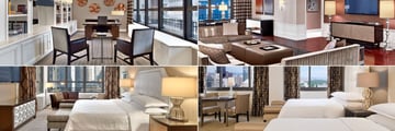 Sheraton New York Times Square, (clockwise from top left): Presidential Suite Library, Living Room, Double-Double Bedroom and King Bedroom