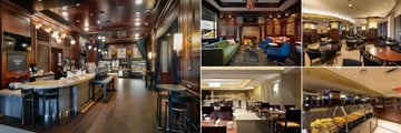 Sheraton New York Times Square, (clockwise from left): Starbucks Cafe, Library Bar Seating, Concierge Lounge, Concierge Lounge Buffet Area and Hudson Market