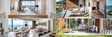 Clockwise from top left: Ocean View Room, One Bedroom Suite, Garden View Room and Penthouse Suite at Silversands Grenada