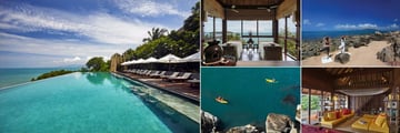 Six Senses Samui, (clockwise from left): Main Pool, Spa Treatment Room, Yoga on the Rocks, Library and Kayaking