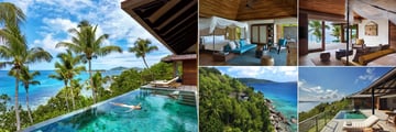 Six Senses Zil Payson, (clockwise from left): Two Bedroom Pool Villa, Pool Villa Bedroom, Two Bedroom Pool Villa Bedroom, Panorama Pool Villa Ocean and Front Pool Villa
