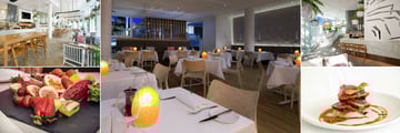 Sofitel Noosa Pacific Resort, (clockwise from top left): Noosa Beach House Bar, Noosa Beach House Restauant, Noosa Beach House Bar, Yellow Fin Tuna and Fruit Platter