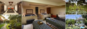 Sol Beach House Melia Benoa, (clockwise from top left): Kawas Spa, Spa Massage, Garden, Massage Hut and Garden 