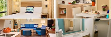 Sonesta ES Suites Orlando, (clockwise from top left): Bedroom, Kitchenette, Bathroon and Lounge Kitchen