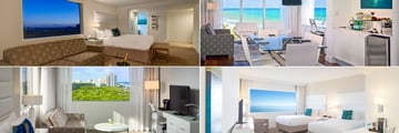 Sonesta Fort Lauderdale, (clockwise from top left): Junior Suite, Master Ocean King Suite, Deluxe Ocean Curve Double and Junior King Suite 