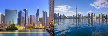 Views of Chicago and Toronto skylines 