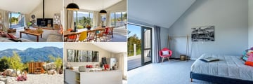 Split Apple Lodge, (clockwise from top left): Lounge, Dining Area, Bedroom, Guest Kitchen and Outdoor Spa