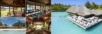 St. Regis Bora Bora Resort, (clockwise from top left): Aparima Bar, Lagoon Restaurant by Jean-Georges Interior, Exterior, Te Pahu Restaurant Interior and Exterior View from the Beach