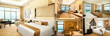 The St. Regis Doha, (clockwise from left): Grand Deluxe Room, Aster Room, Empire Suite, Caroline Astor Suite and The Presidential Suite