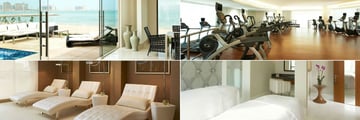 The St. Regis Doha, (clockwise from top left): Private Cabanas, The Exercise Room, Remede Spa Couples Treatment Room and Remede Spa Relaxation Lounge
