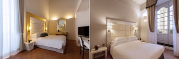 Bed in the centre of a hotel room