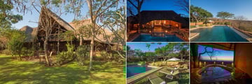 Stanley Safari Lodge, (clockwise from left): Lodge Exterior, View from one of the Chalets, Chalet Pool, View from the Honeymoon Suite and Pool with Sun Loungers