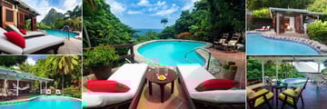 Stonefield Estate Villa Resort, (clockwise from top left): One Bedroom Villa Garden View, One Bedroom Villa Ocean View, One Bedroom Villa Piton View, One Bedroom Villa Ocean View and Two Bedroom Villa