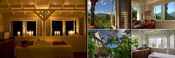 Strawberry Hill, (clockwise from left): Spa Massage, Mountain View From the Spa, Treatment Room View, Treatment Room and Library Exterior