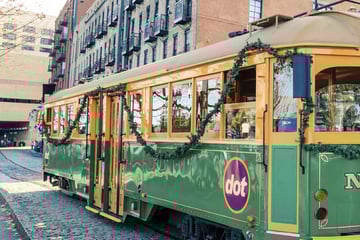 A streetcar in the historic district of Savannah