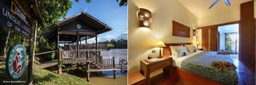 The exterior and room interiors at Sukau Rainforest Lodge