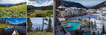 Sun Peaks Grand Hotel, Hiking, 18 Hole Golf Course, Hotel Pool and Views of Resort in Winter, Biking and Canoeing