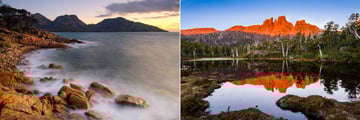 Sunset at Coles Bay (left), and Mount Geryon at Cradle Mountain (right) 