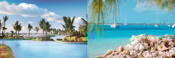 Resort swimming pool & Conch shells on beach, Bahamas