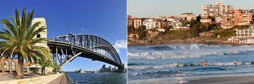 Sydney Harbour Bridge (left), and Bondi Beach (right)