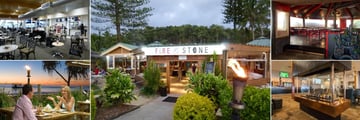Tangalooma Island Resort, (clockwise from top left): The Coffee Lounge, Fire and Stone, Fire Rstaurant, Tangalooma Bar and Dining Alfresco