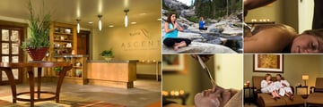 Tenaya Lodge at Yosemite, (clockwise from left): Accent Spa Lobby, Yoga, Body Treatment, Relaxation Room and Facial