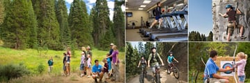 Tenaya Lodge at Yosemite, (clockwise from left): Activity Guide Nature Hike, Gym, Climbing, Archery and Cycling