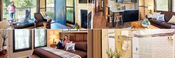 Tenaya Lodge at Yosemite, (clockwise from top left): Cabin Living Room with Porch, Cabin Living Room, Cabin Bathroom and Cabin Bedroom