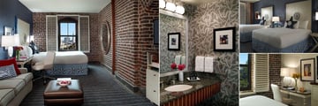 The Argonaut, (clockwise from left): Deluxe King Room, Accommodation Bathroom, Deluxe Two Queen Beds Room and Room Desk Area