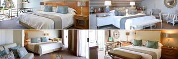 The Bay Hotel, (clockwise from top left): Cabana Room, Penthouse Bedroom, Luxury Room and Mountain Room