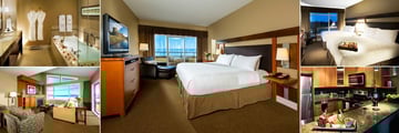 The Beach Club Resort, (clockwise from top left): One Bedroom Suite Bathroom, One Bedroom Suite Bedroom, Studio Room with Two Queen Beds, One Bedroom Suite Kitchen and One Bedroom Suite Living Room