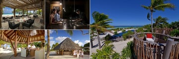 The Brando, (clockwise from top left): Beachcomber Cafe, Nami Teppanyaki (both copyright Romeo Balancourt), Te Manu Bar, Bobs Bar and Room Service