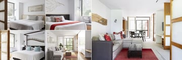 The Byron at Byron Bay, (clockwise from top left): Standard Bedroom, Deluxe Room, Deluxe Living Room, Superior Room and Premium Suite