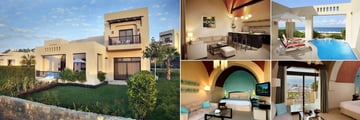 The Cove Rotana, (clockwise from left): Two Bedroom Villa Exterior, Villa Living Room, Two Bedroom Villa on the Hill with Pool, Premium Room and Classic Deluxe Premium Room