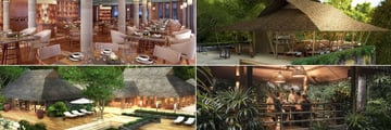 The Datai Langkawi, (clockwise from top left): The Dining Room, The Pavilion, The Beach Club and Gulai House