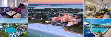 The Don Cesar, (clockwise from top left): Lobby with Piano, Aerial View of Resort, Lobby Lounge, Poolside, Pool and Beach
