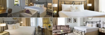 The Driskill, (clockwise from top left): City View Room, Junior Suite, Senate Room and Petite Queen Guest Room