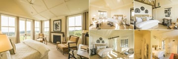 The Farm at Cape Kidnappers, (clockwise from left): Owner's Cottage Bedroom, Lodge Suite, Ridge Suite, Hilltop Family Suite Kids' Bedroom and Hilltop Suite