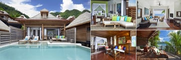 The Hilton Seychelles Northolme Resort & Spa, (clockwise from left): Grand Ocean View Pool Villa Exterior, Bedroom, Sitting Area and View, Oceanfront Villa Balcony and Bedroom