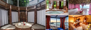 The Jewel Dunn’s River Resort, (clockwise from left): Radiant Spa Steam Room, Spa Whirlpool, Seashore Massage, Spa Couples Massage and Private Beach Cabanas