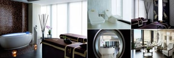 The Langham Chicago, (clockwise from left): Chuan Spa VIP Spirit Treatment Room, Heated Loungers, Couples Treatment Room, Contemplation Lounge and Spa Moon Gate