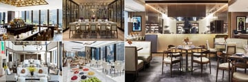 The Langham Chicago, (clockwise from top left): Travelle Bar, Travelle Cellar Table, Travelle Main Dining Room, Club Lounge and Pavilion Dining