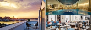 One Bedroom Suite terrace (left), main pool (top right) and Observatory Bar (bottom right) at The Langham Sydney