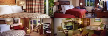 The Lodge at Spruce Peak, (clockwise from top left): Classic King Room, Classic Double Room, Timberline Studio and Ridgeline Studio 